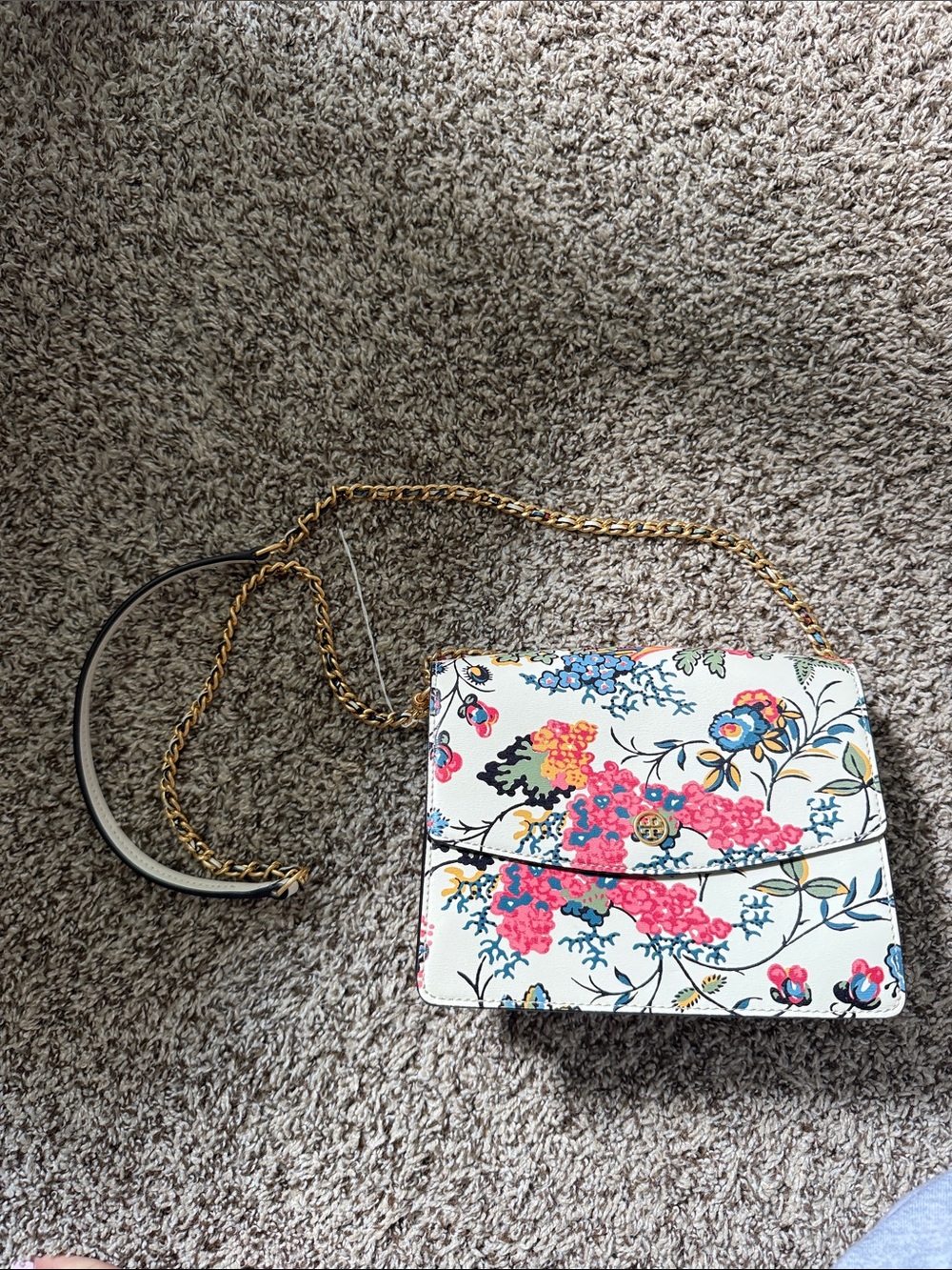 Tory Burch Floral Crossbody Bag in White with Pink and Blue Accents